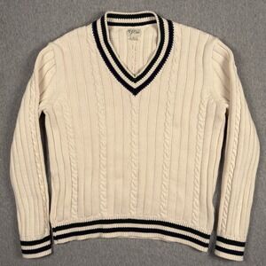 J Crew Sweater Womens L Heritage Cotton V-Neck Cable Knit Varsity Academia Ivy
